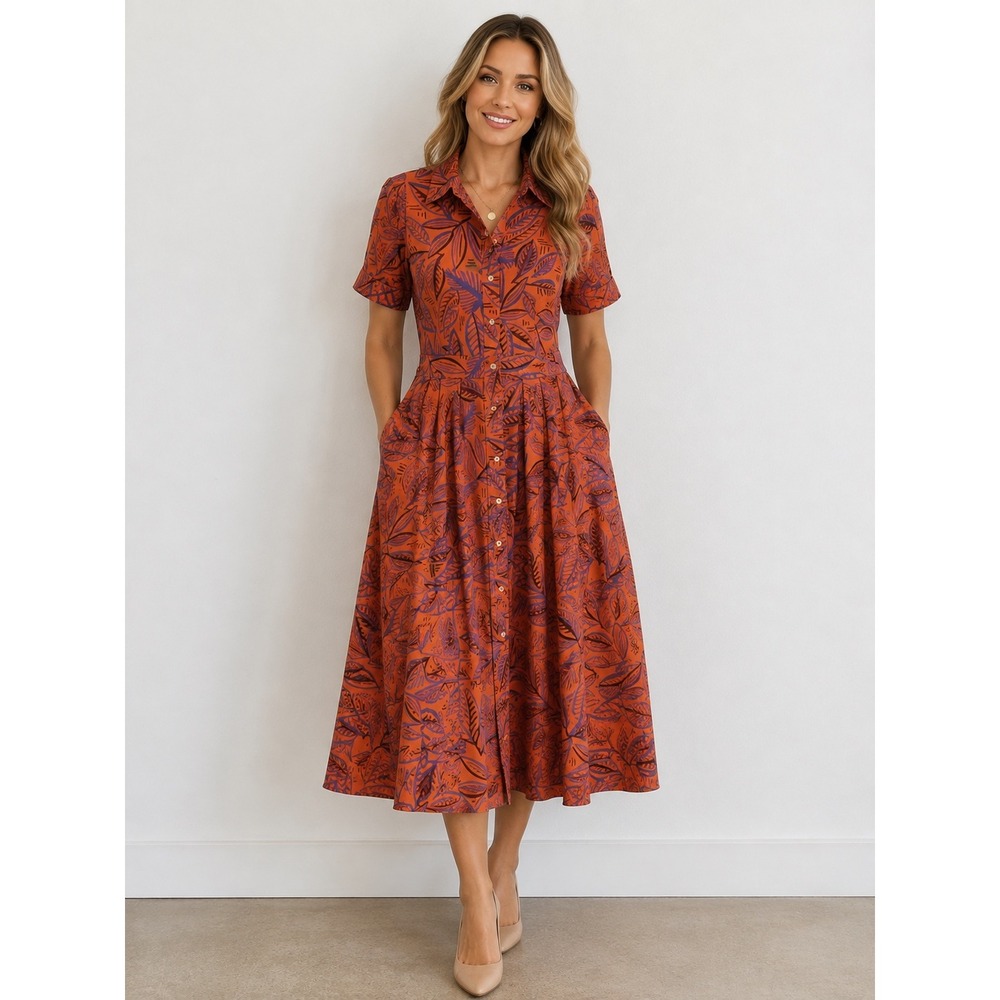 ALEXIS for Target Midi Dress Small Tropical Leaf Print Button Front Pockets